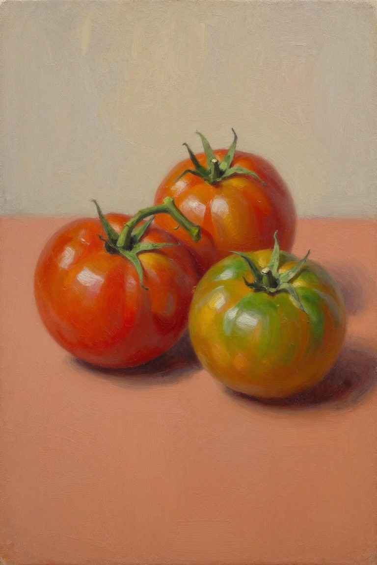 Oil painting of three tomatoes in different ripeness stages, two red and one green, grouped on a pink table against a light background.