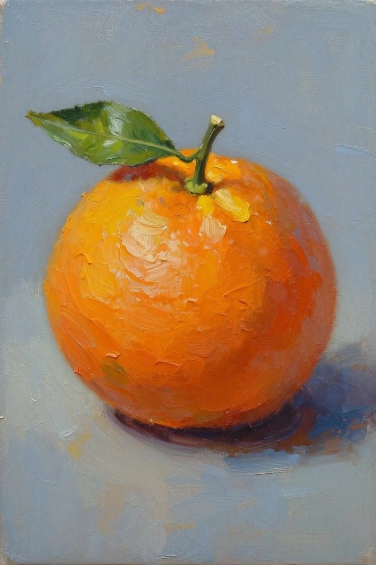 Oil painting of a textured orange with green leaf and stem on a soft blue-gray background.
