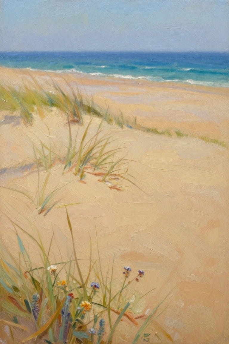 Oil painting of sand dunes with green sea grass and small wildflowers in the foreground, leading to a beach and blue ocean under a light sky.