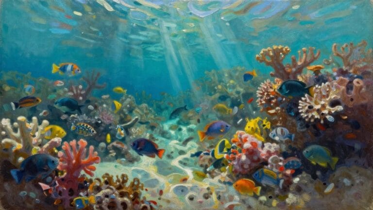 19 Colorful Ocean Oil Painting Ideas To Brighten Any Canvas Oil painting of sunlit underwater coral reef with colorful tropical fish swimming among corals and rocks.