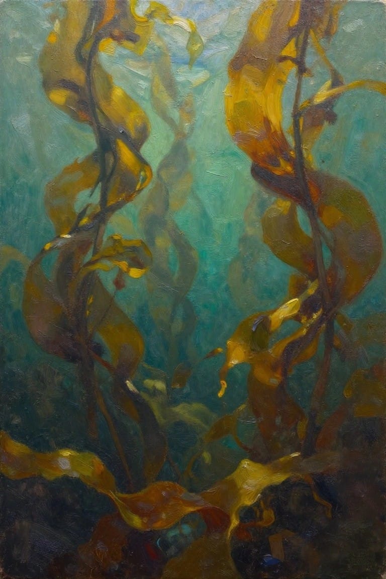 Vertical oil painting of tall golden-brown kelp fronds swaying in teal underwater light.