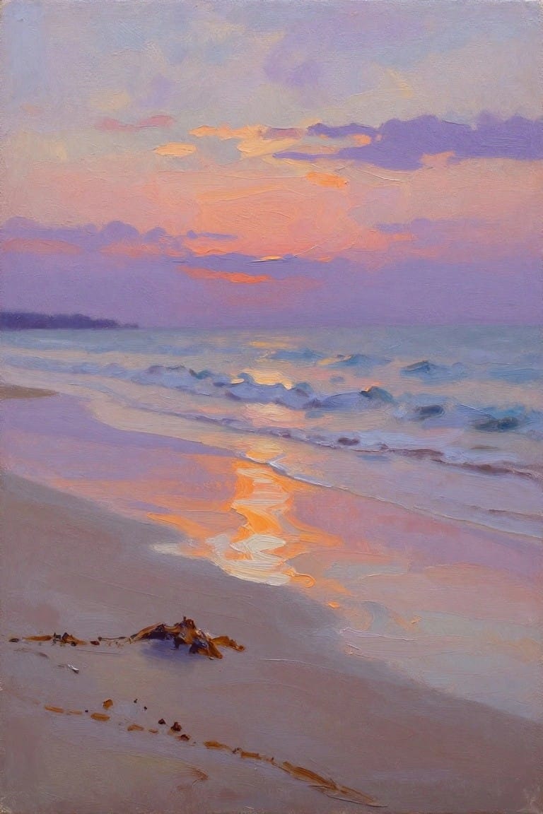Oil painting of purple and orange sunset skies over ocean waves reflecting gold on a sandy beach with driftwood.