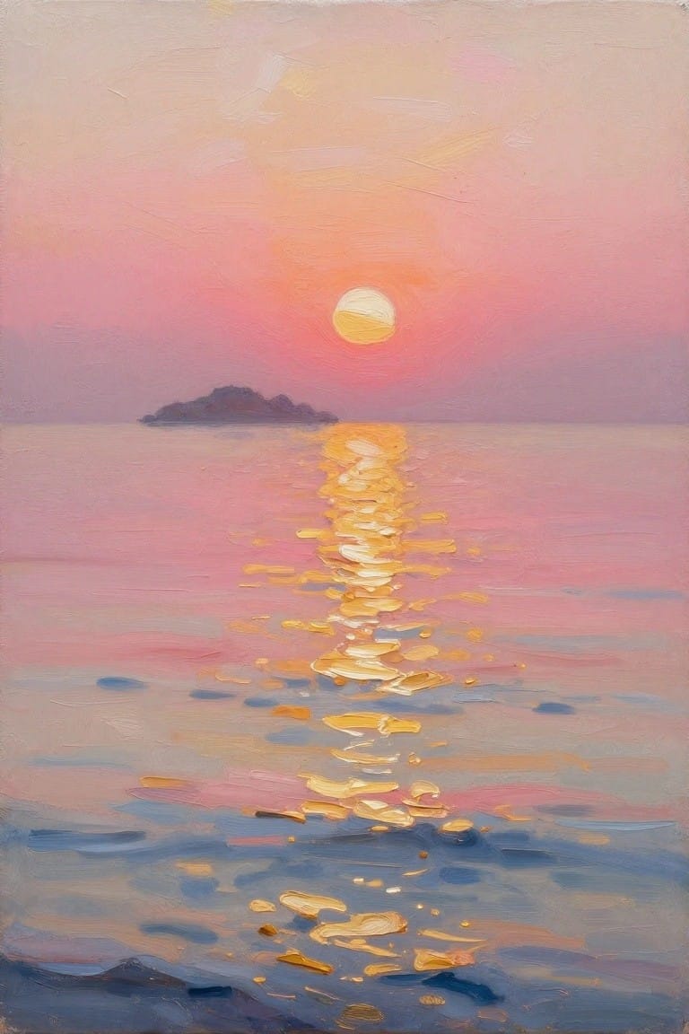 Oil painting of a pink-orange sunset over the ocean, featuring a small dark silhouetted island with the sun's golden reflection path on the water.
