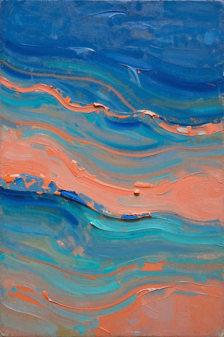 Abstract oil painting with thick, wavy layers of blue, teal, green, orange, and pink resembling flowing ocean waves.