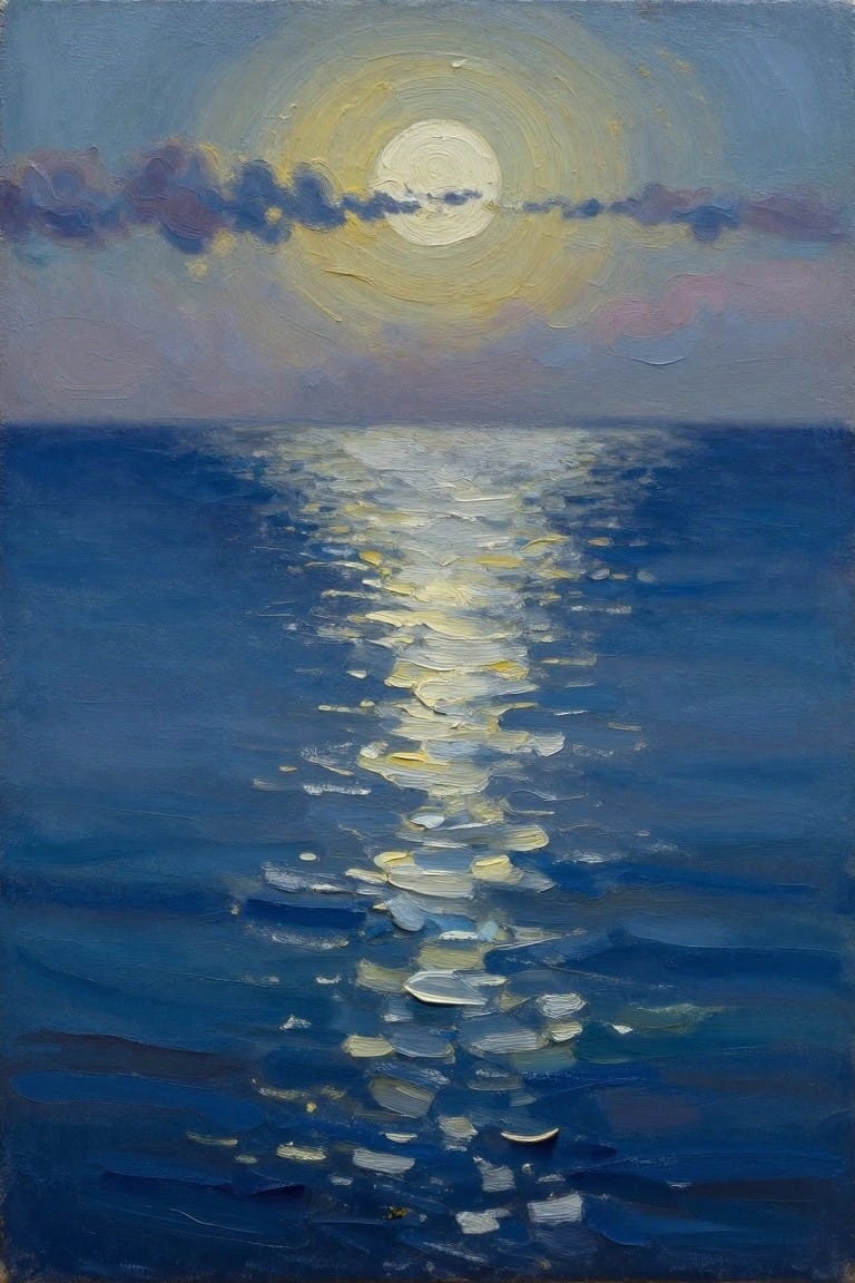 Oil painting of a full moon low over the dark blue ocean with its light reflecting in a golden path on the waves and a small boat in the foreground.