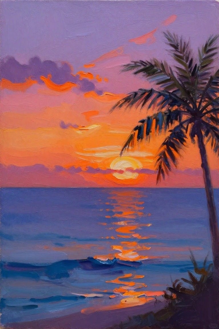 Oil painting of a dark palm tree silhouetted against a purple-to-orange sunset sky over a blue ocean with golden sun reflections and gentle waves.