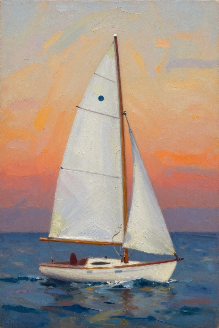 Oil painting of a small white sailboat with full white sails sailing on blue ocean waters beneath a vibrant orange-pink sunset sky.