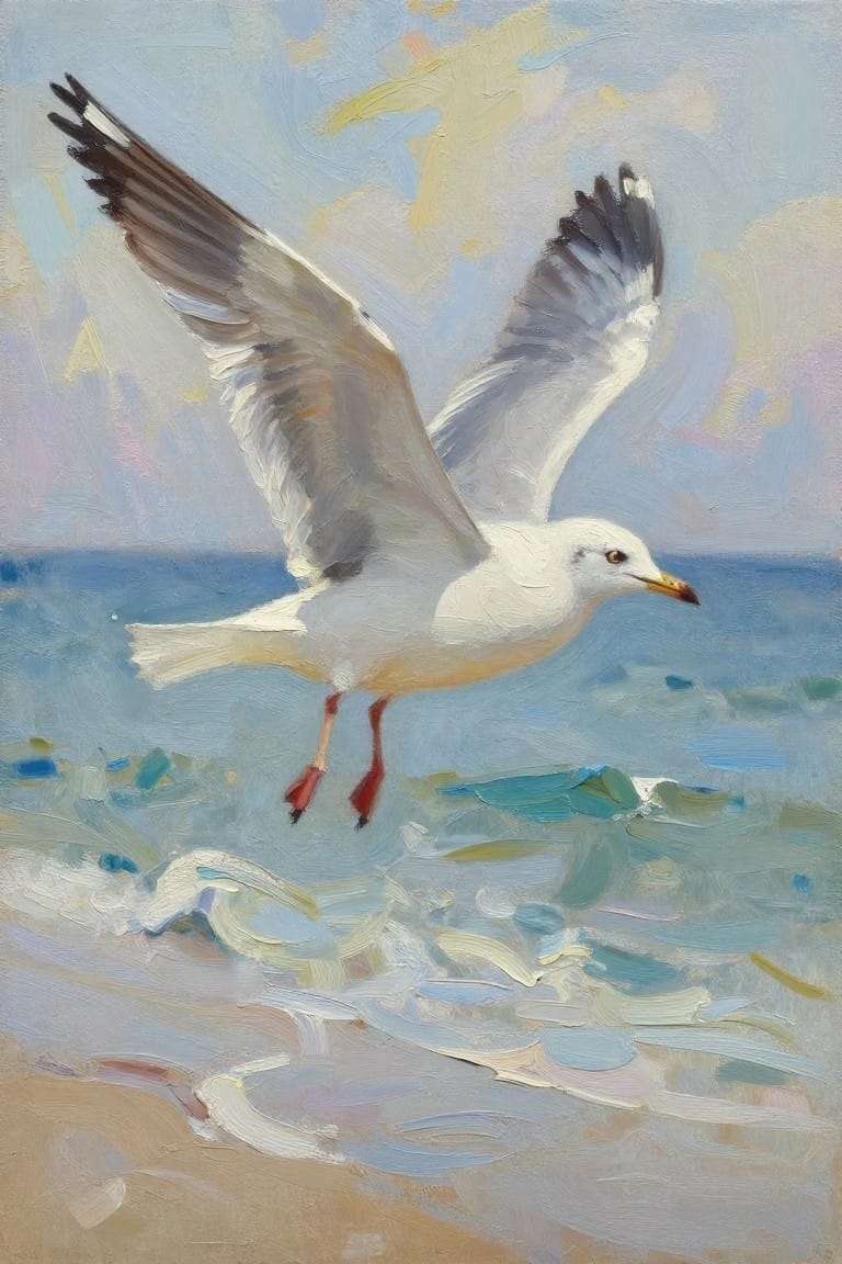 Oil painting of a white seagull with spread wings flying over blue ocean waves, sandy beach, and partly cloudy sky.