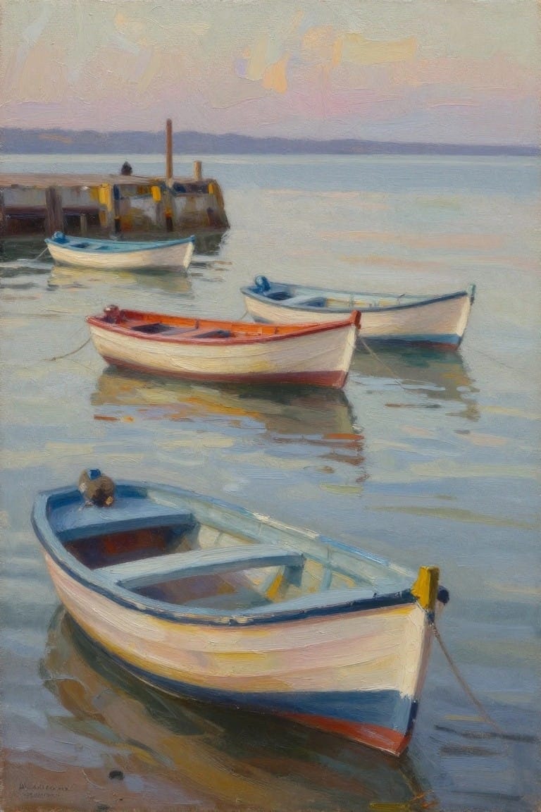 Oil painting of several colorful small boats moored in calm harbor water near a pier at dusk with soft pink and blue skies.