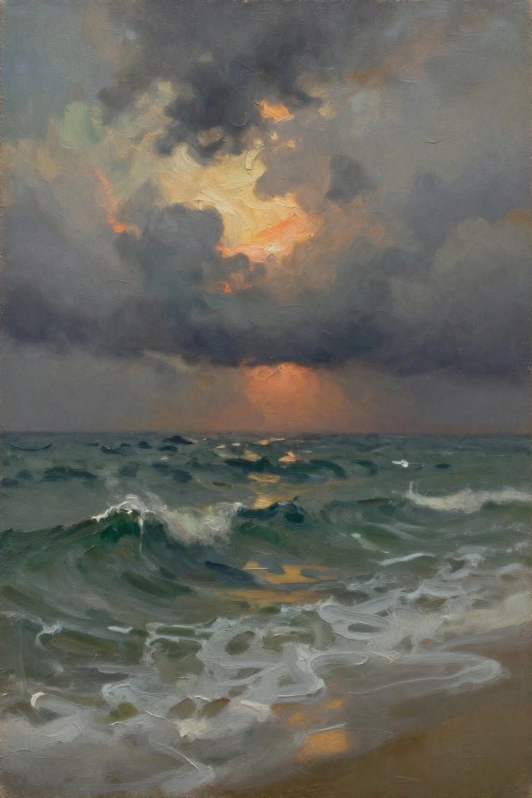 Oil painting depicting stormy dark clouds with glowing orange sunset rays over teal crashing waves on a sandy beach.