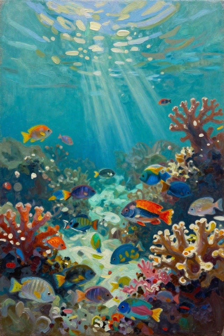 Oil painting of sunlit underwater coral reef with colorful tropical fish swimming among corals and rocks.