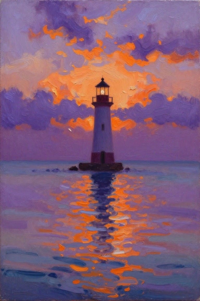 Oil painting of a white lighthouse with red base and glowing light on rocks in calm water, silhouetted against purple-orange sunset clouds with a reflection below.