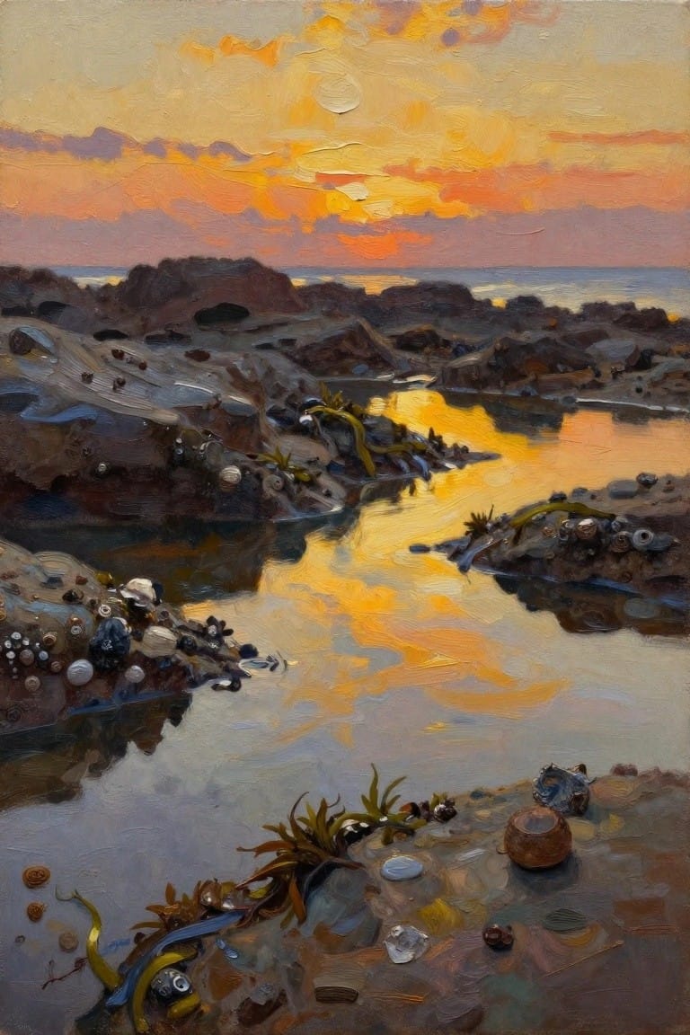 Oil painting of rocky coastal tide pools reflecting a vibrant orange sunset with seaweed, shells, and ocean horizon.