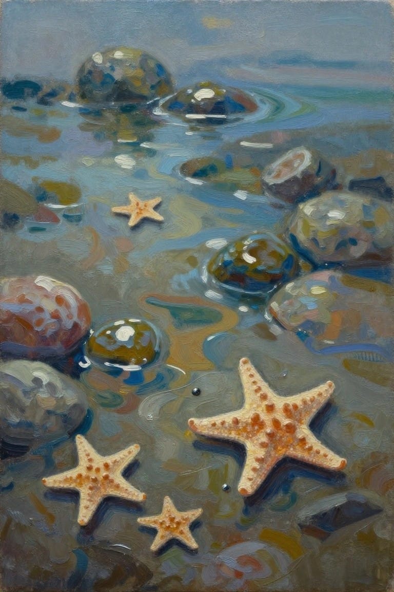 Oil painting of orange starfish scattered among wet gray and green rocks in shallow blue water with reflections and ripples.