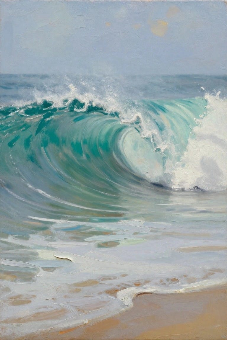 Oil painting of a large curling turquoise wave breaking toward a sandy beach under a cloudy sky.