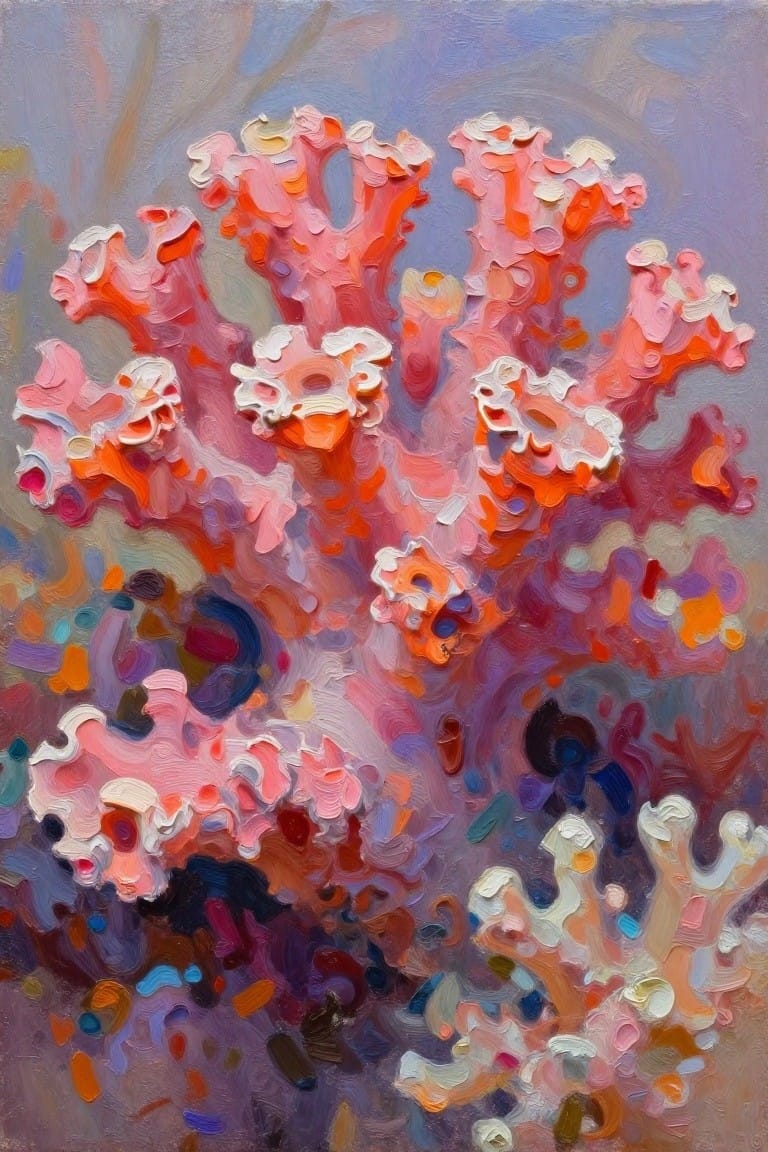 Oil painting of pink and orange coral branches with white edges on a hazy purple-blue background.