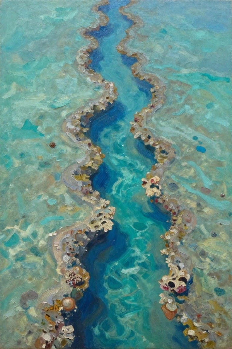 Overhead oil painting of a meandering deep blue channel through shallow turquoise water lined with textured shells and coral on a sandy seafloor.
