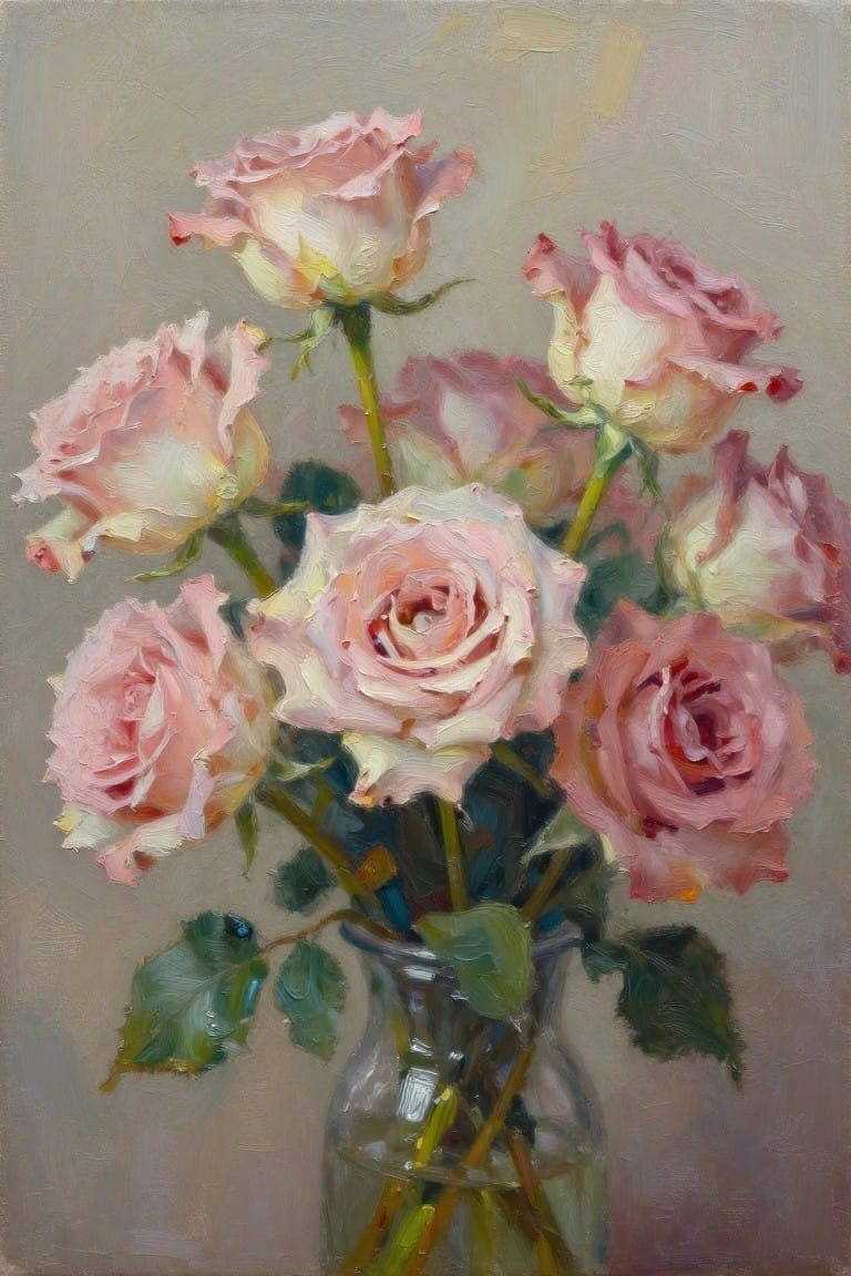 Oil painting of a bouquet of pink and white roses with green stems and leaves in a clear glass vase against a neutral background.
