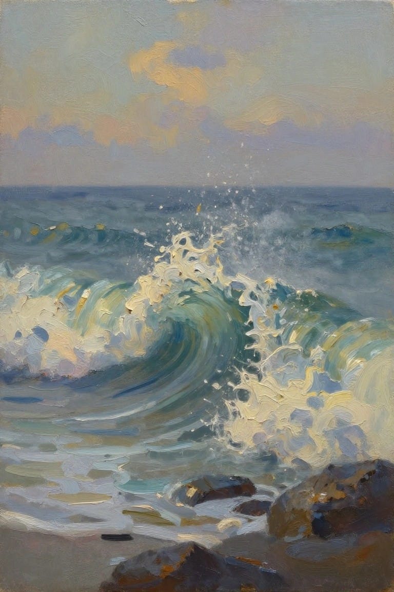 Oil painting of blue ocean waves crashing with white foam over dark rocks on a beach, against a hazy sky.