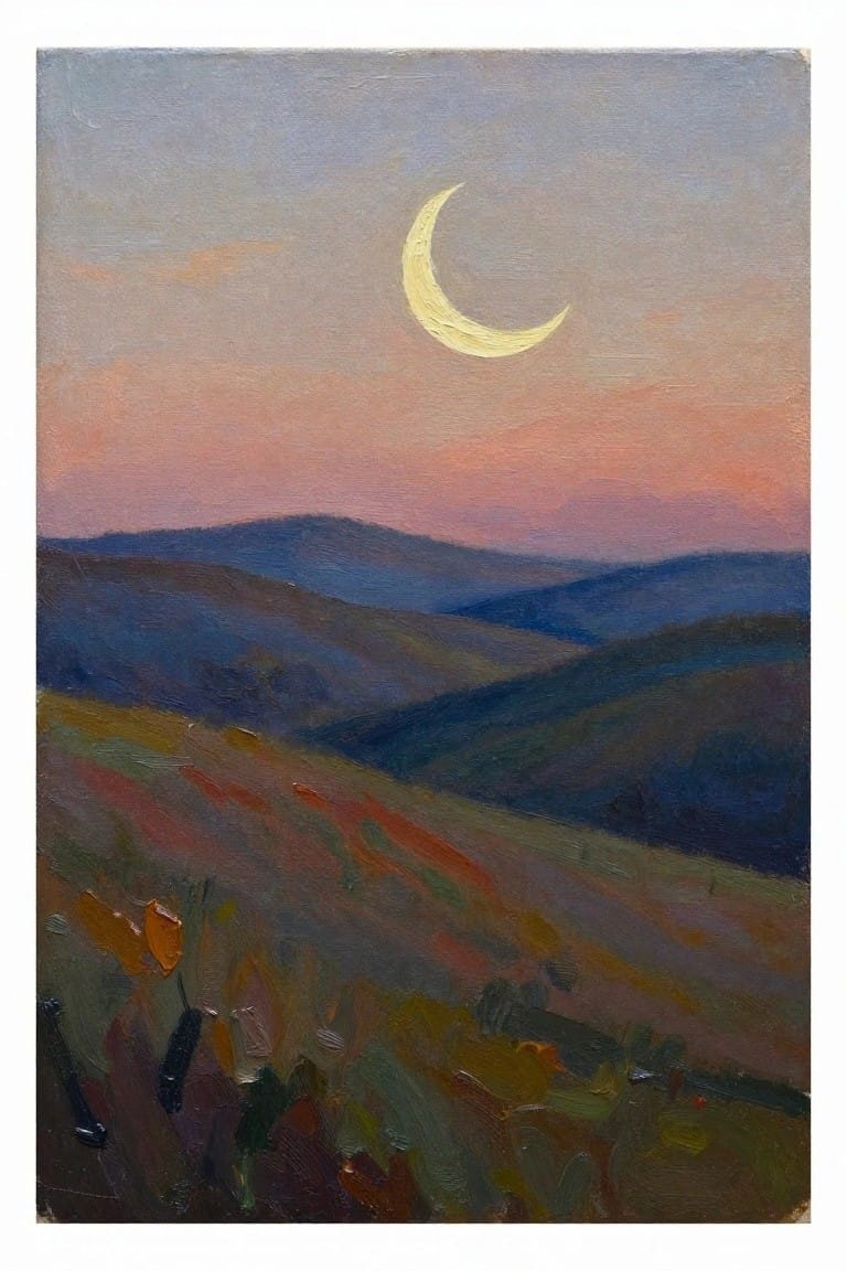 Oil painting of a yellow crescent moon in a pink-to-purple twilight sky above rolling hills fading from textured green foreground grasses to distant blue ridges.