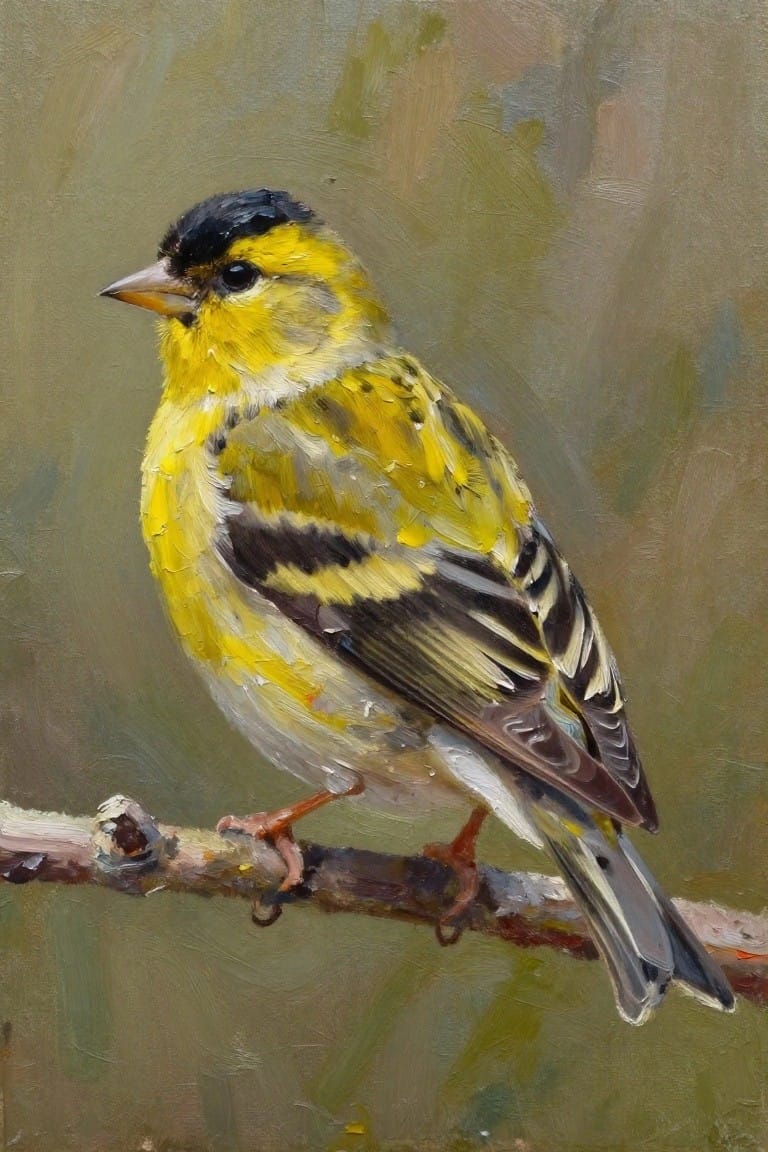 Realistic oil painting of a yellow Pine Siskin with black cap and striped wings perched on a branch against a blurred green-gray background.