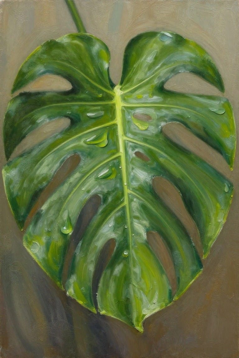 Oil painting of a single green Monstera leaf with water droplets against a beige background.