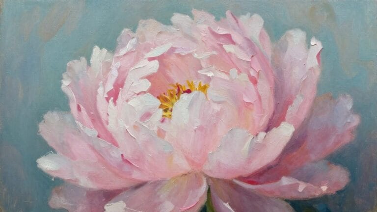 19 Creative Mini Canvas Oil Painting Ideas for Small Spaces Oil painting of a single pink peony flower with textured petals, yellow center, green stem, and leaves on a teal background.