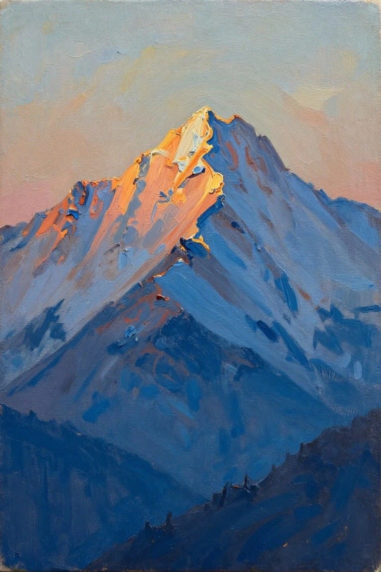 Oil painting of a tall snow-covered mountain peak illuminated in orange light against blue shadowed lower mountains and pinkish sky.
