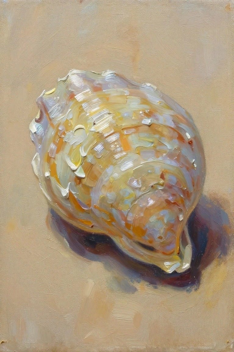 Oil painting of a textured, multicolored seashell on a beige sandy background with a purple-toned shadow.