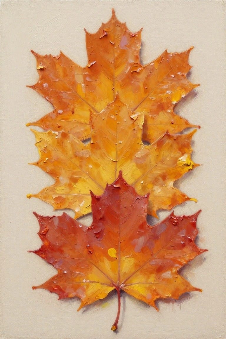 Oil painting of three overlapping maple leaves in orange, red, and yellow tones stacked vertically on a beige background.