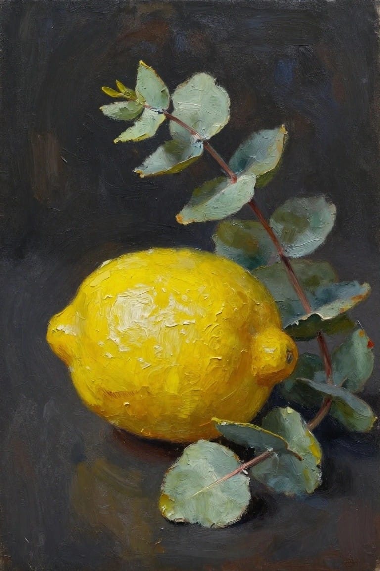 Oil painting of a textured yellow lemon beside green eucalyptus leaves and stems on a dark background.