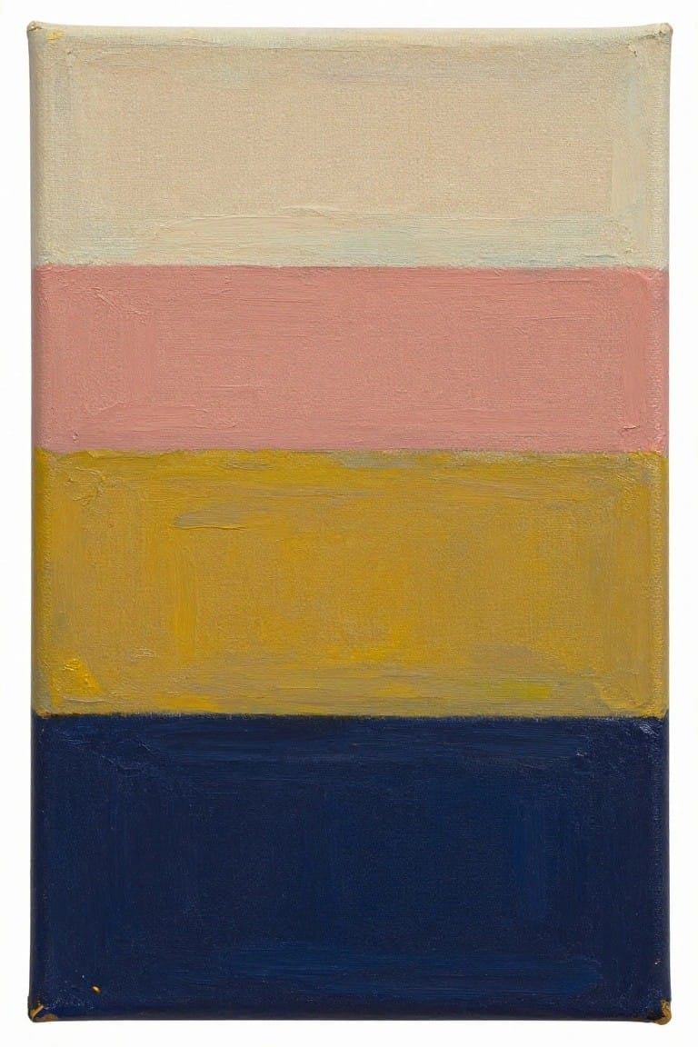 Small vertical canvas oil painting with four horizontal bands of cream, pink, yellow, and navy blue paint showing visible brush texture and soft edges.