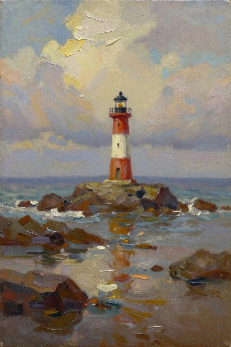 Oil painting of a red and white striped lighthouse on rocky seaside outcrop under cloudy sky with breaking light.