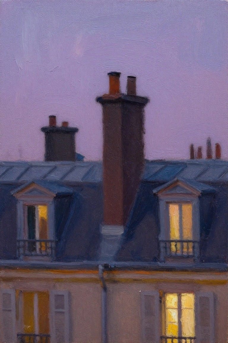 Oil painting of Parisian rooftops at dusk showing chimneys, mansard roofs, dormer windows with warm interior lights, and a purple sky.