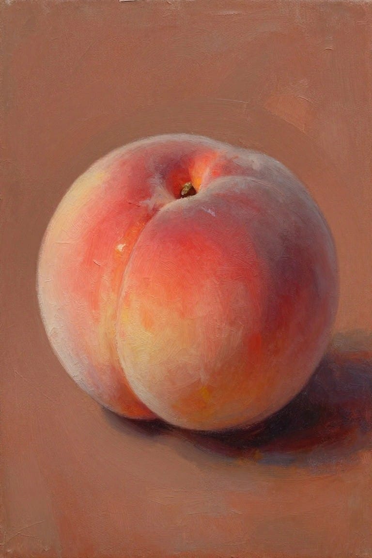 Oil painting of a fuzzy ripe peach centered on a warm brown background with a soft shadow.