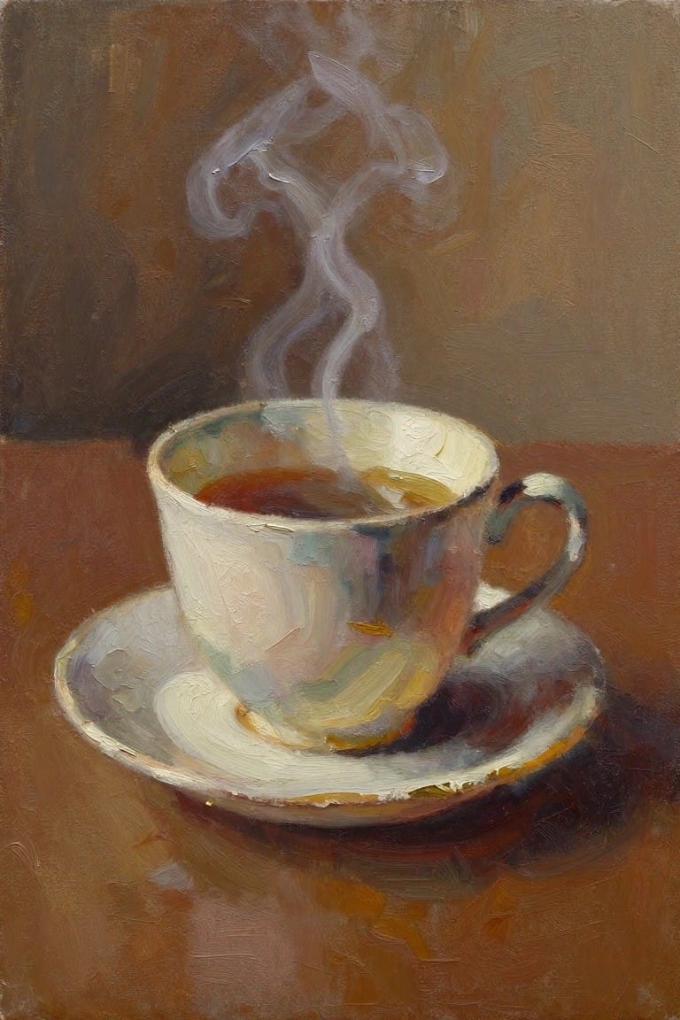 Oil painting of a white porcelain cup with steaming reddish-brown tea on a matching saucer, placed on a wooden table with a blurred warm background.