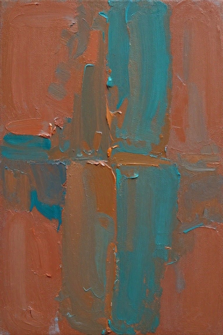 Abstract oil painting featuring vertical bands of teal, rust orange, gray, and brown with thick textured brushstrokes on a square canvas.