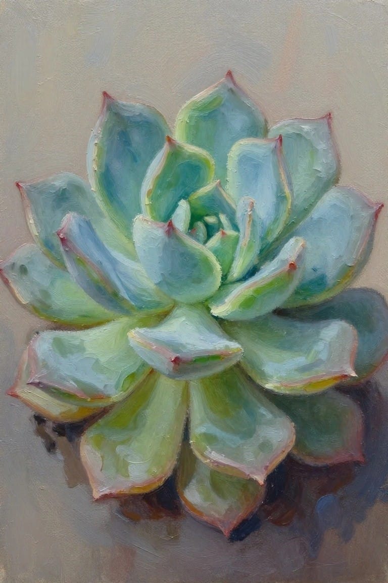 Oil painting of a symmetrical blue-green succulent rosette with red-tipped leaves on a neutral background.