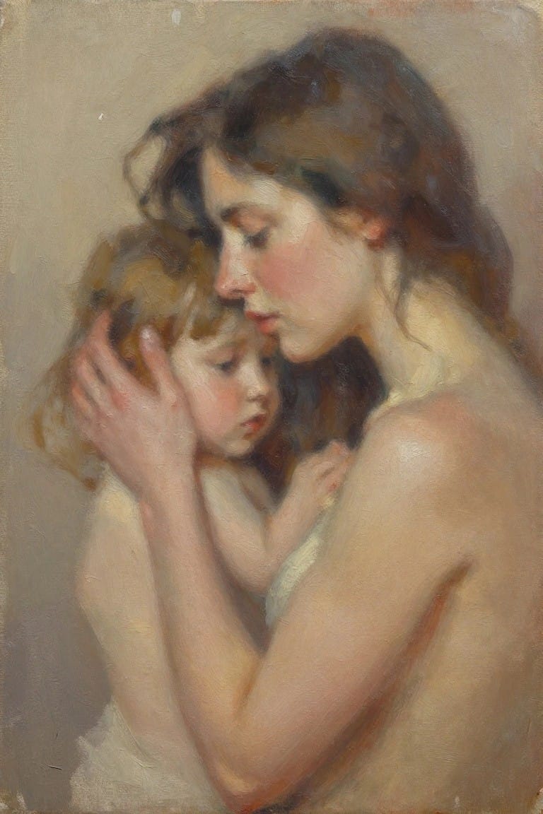 Oil painting of a topless mother hugging her nude toddler closely, with soft blended skin tones and warm lighting.