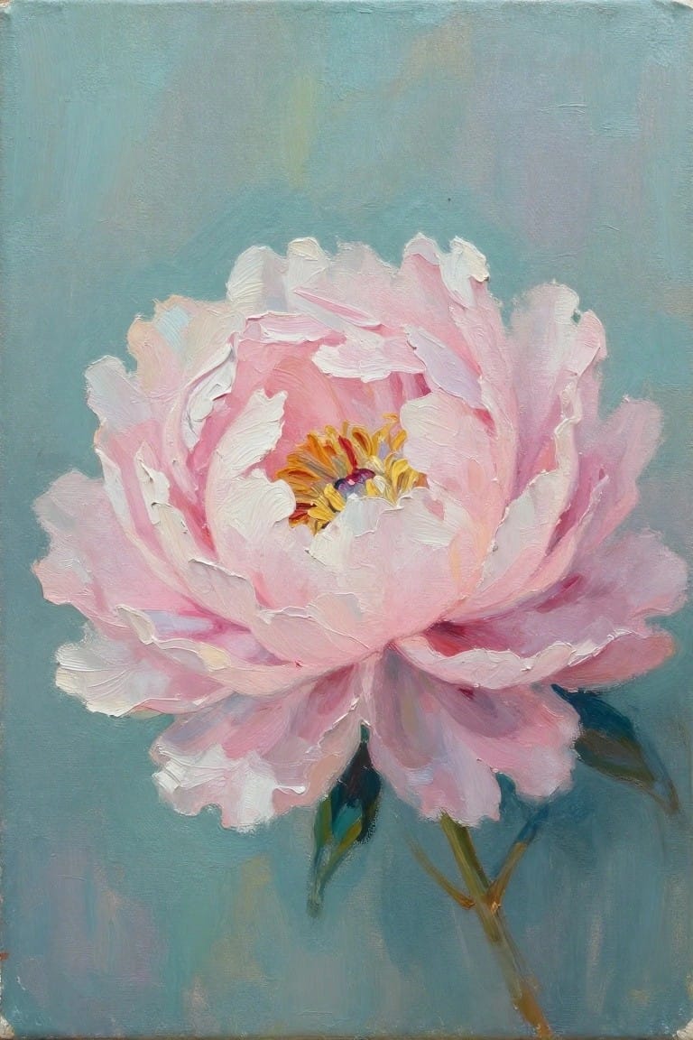 Oil painting of a single pink peony flower with textured petals, yellow center, green stem, and leaves on a teal background.