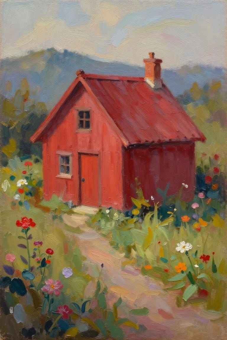Oil painting of a small red barn with tin roof surrounded by colorful wildflowers and distant mountains under a cloudy sky.