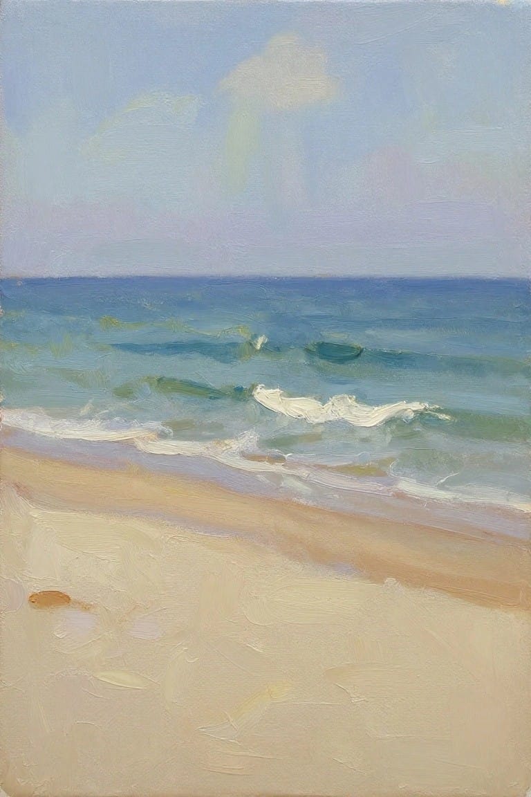 Oil painting of sandy beach foreground with a small shell, foamy waves meeting turquoise ocean, and blue sky with clouds.