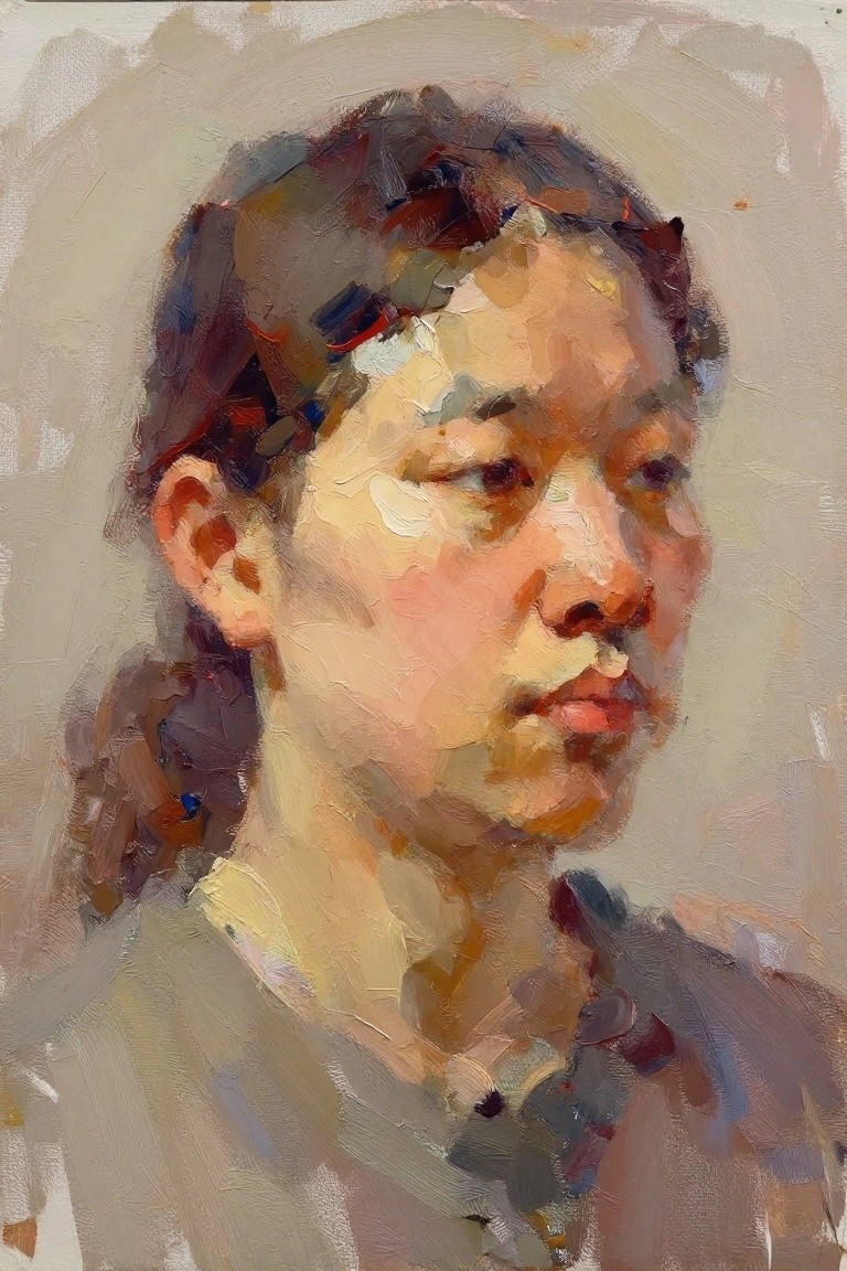 Oil painting of a young woman's face in three-quarter view with dark ponytail and loose collar shirt in blended warm tones.