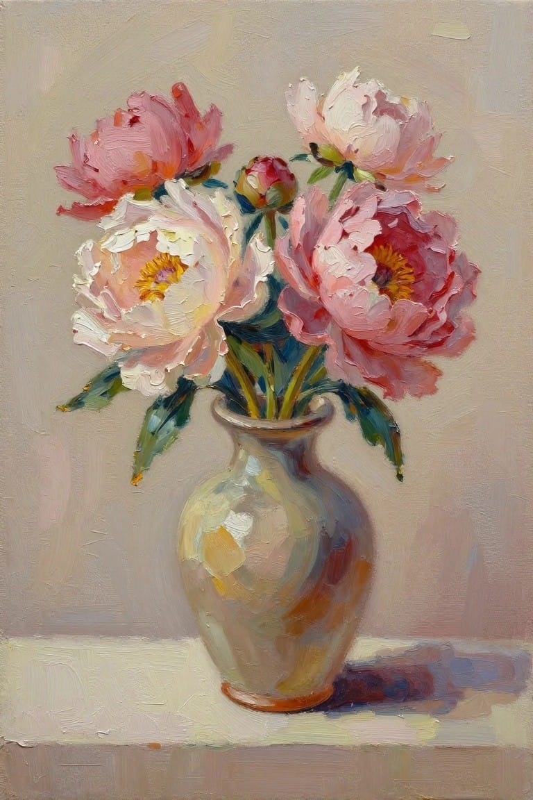 Oil painting of pink and white peonies with buds and leaves in a beige ceramic vase on a light surface with subtle shadows.