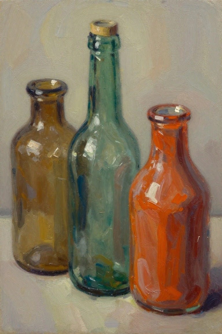 Oil painting of three colored glass bottles, amber, green, and red, clustered on a light surface with soft lighting and reflections.