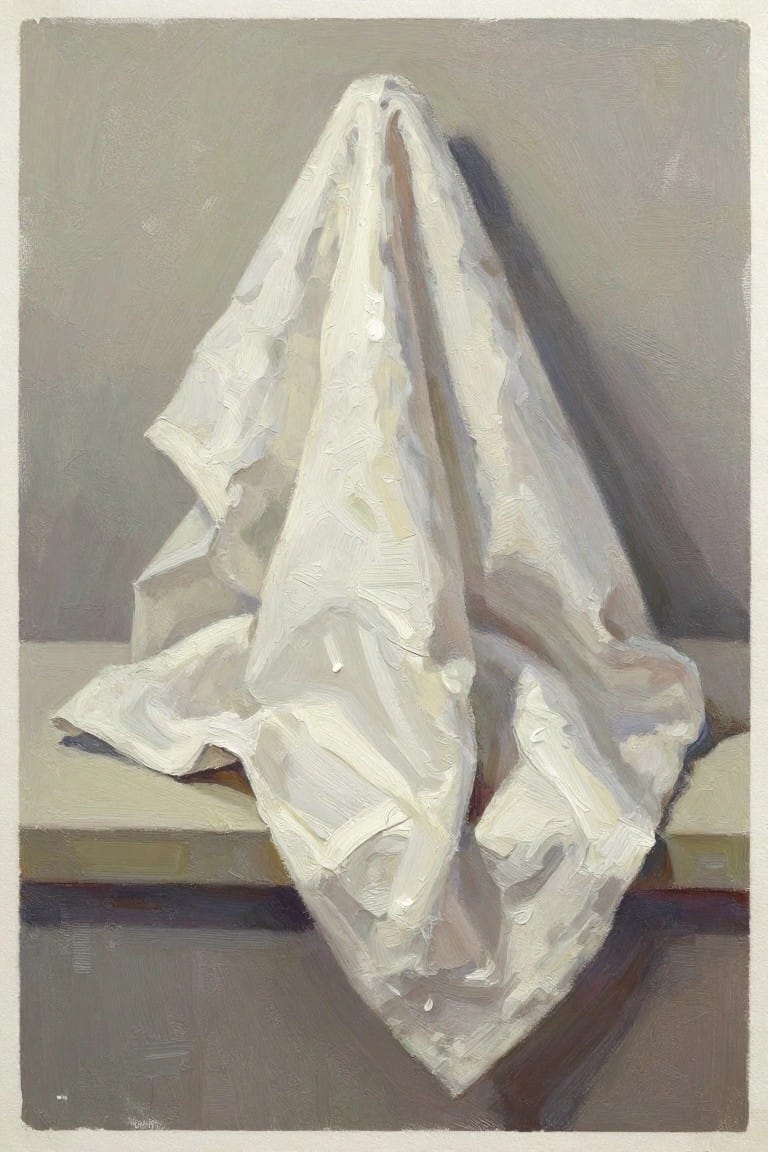 Oil painting of a white cloth draped over a wooden ledge against a gray wall.