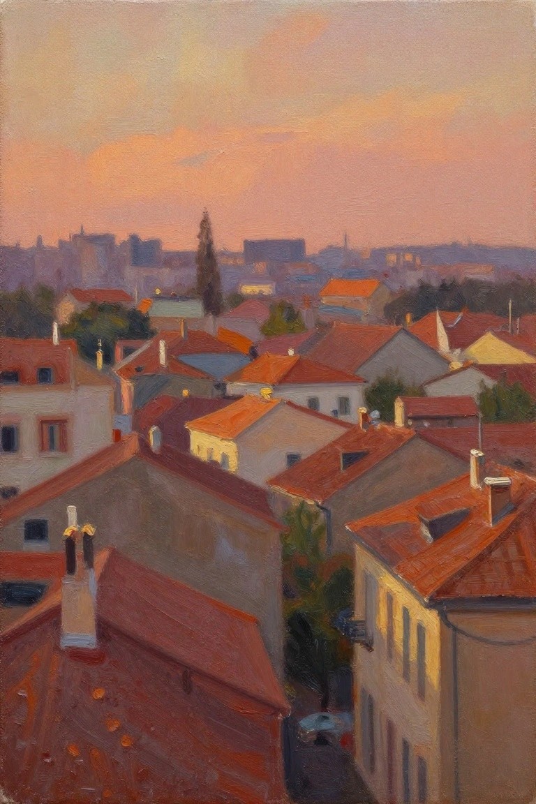 Oil painting of terracotta rooftops, buildings, trees, and distant city skyline from above at sunset with orange-pink skies.