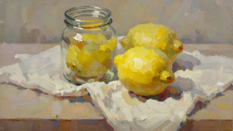 Oil painting of a yellow lemon inside a clear glass jar next to a similar lemon on white cloth, with neutral background and soft brushwork.