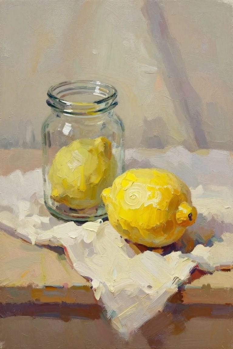 Oil painting of a yellow lemon inside a clear glass jar next to a similar lemon on white cloth, with neutral background and soft brushwork.