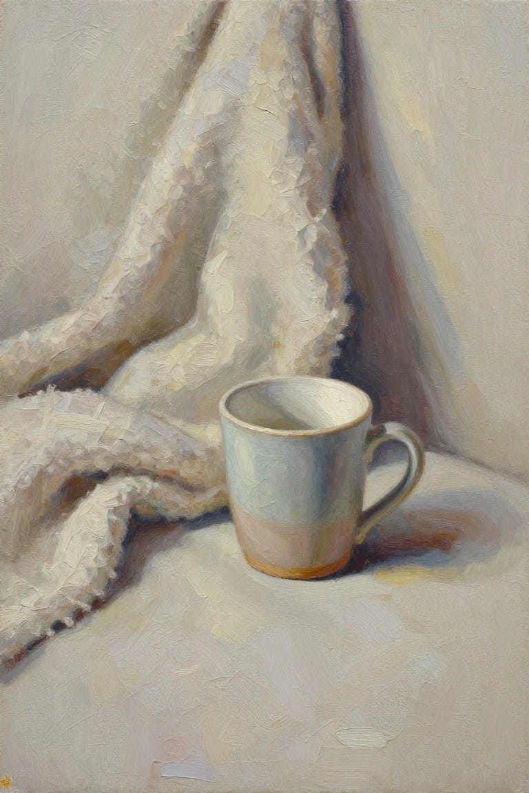 Oil painting of a ceramic mug with light blue interior and terracotta base placed before draped white shaggy fabric on a light surface.